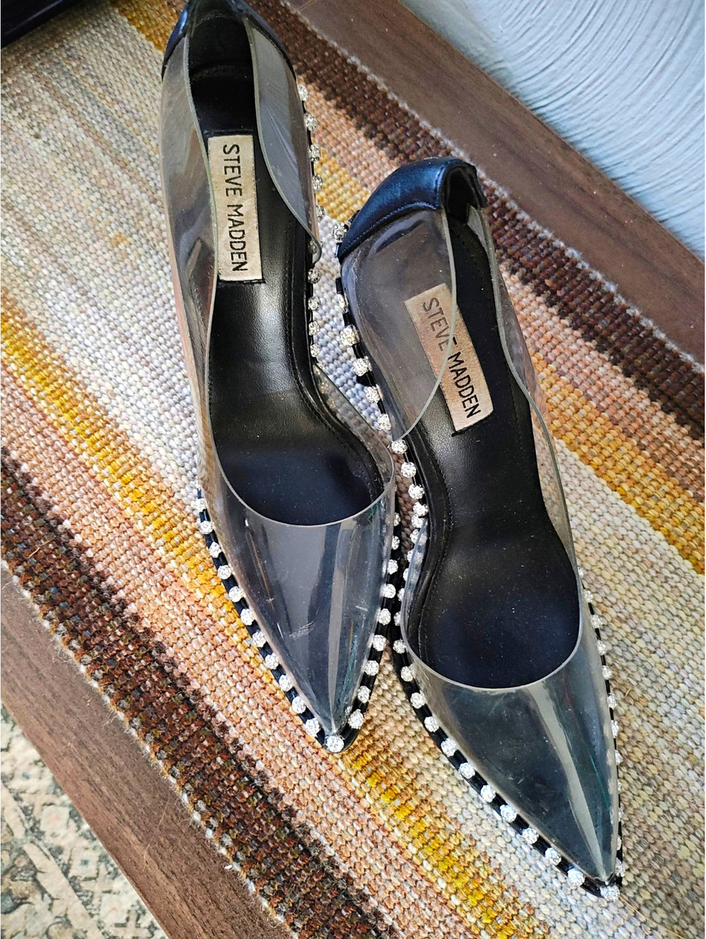 Steve Madden Women’s Pointed Toe Slip-On Pump Heels Black/Clear Rhinestone 7